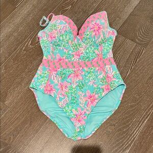 Lilly Pulitzer Aqua and Pink Floral One Piece Swimsuit